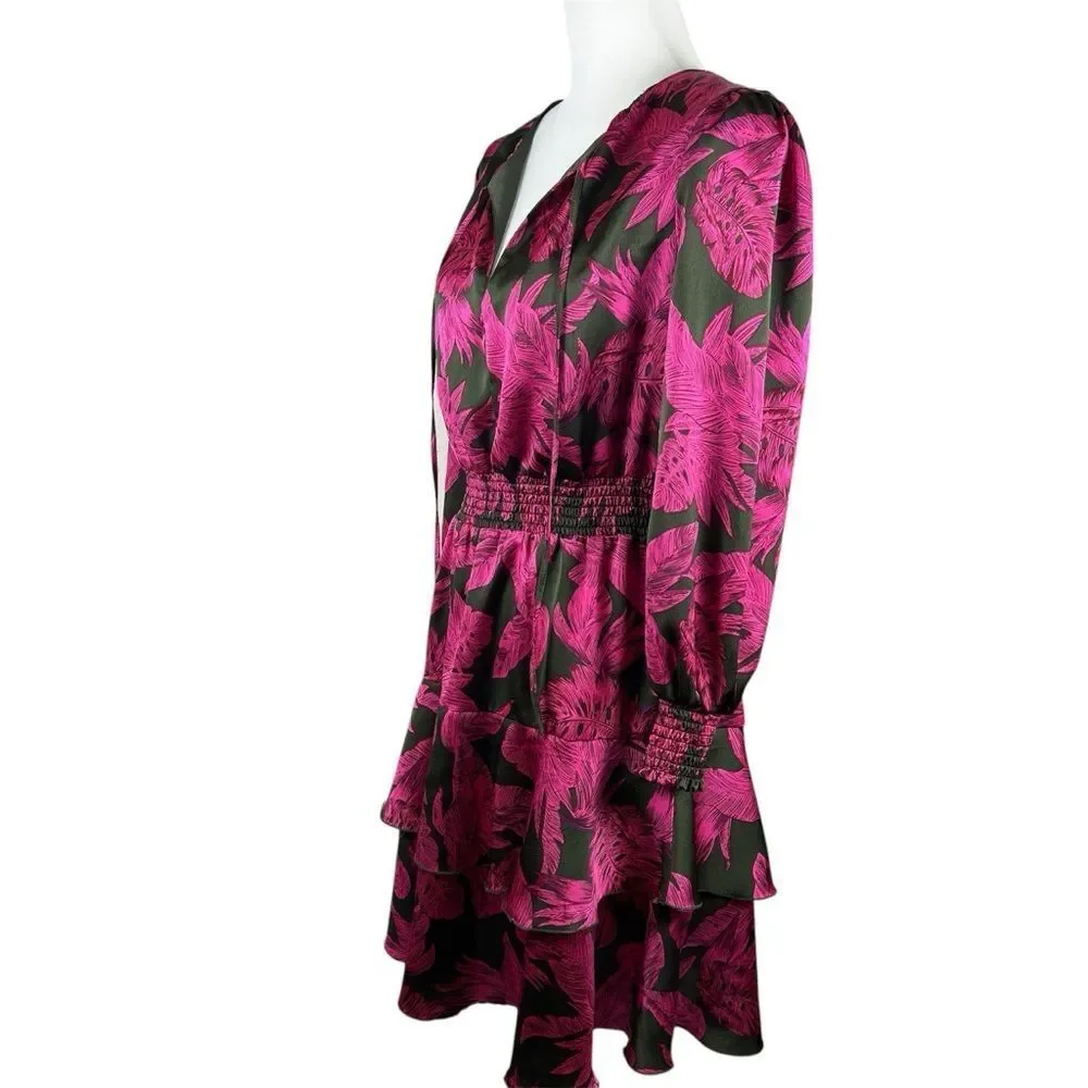 Sam Edelman Tropical Palm Mini Dress Smocked Waist Tiered Long Sleeve Pink Black